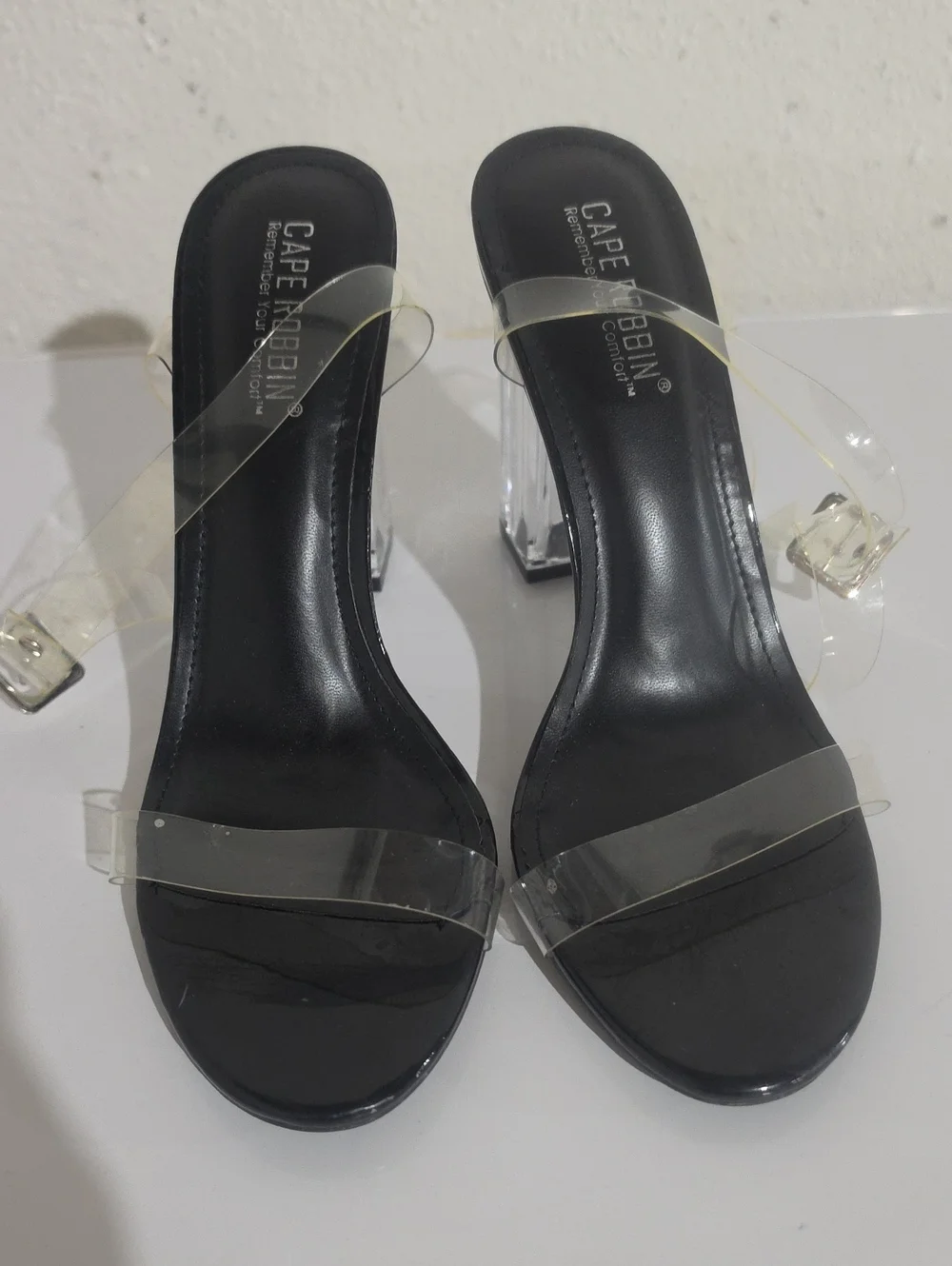 Cape Robbin Black Clear Strap Block Heel Mules